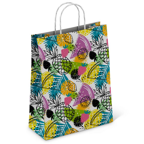 Крафт-пакет бумажный "Фрукты" 26х15х35 см, с кручеными ручками, плотность 100 г/м2, белый, 112252