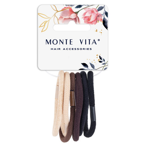 Резинки для волос НАБОР 6 шт., 0,4х14 см, чёрный, коричневый, бежевый, MONTE VITA (МОНТЕ ВИТА), 457043