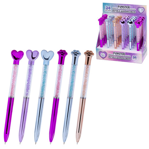 Ручка поворотная с топпером шариковая FUNSTER (ФАНСТЕР) "SHINY HEART&PAW", СИНЯЯ, ассорти, пишущий узел 0,7 мм, 144519
