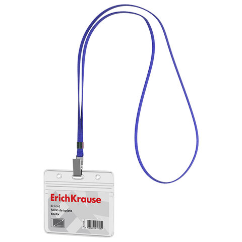 Бейдж горизонтальный ERICH KRAUSE (95х58 мм), корпус прозрачный из мягкого ПВХ, цвет ленты синий, 63708