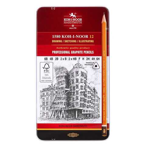 Карандаши чернографитные KOH-I-NOOR, НАБОР 12 шт., "Art" 6B-6H, без резинки, металлическая коробка, 1582012001PL