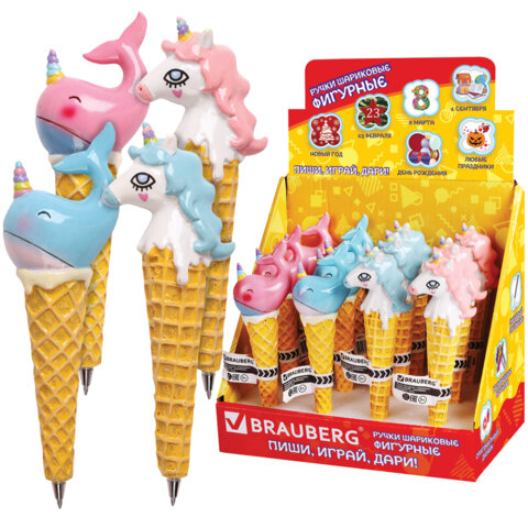 Ручка фигурная "МОРОЖЕНОЕ-ЕДИНОРОГИ-КИТЫ", СИНЯЯ, 4 дизайна ассорти, 0,5 мм, BRAUBERG, 142765