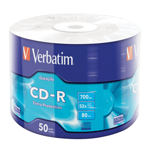 Диск CD-R VERBATIM DataLife, 700 Мб 52x Bulk (термоусадка без шпиля), КОМПЛЕКТ 50 шт., 43787