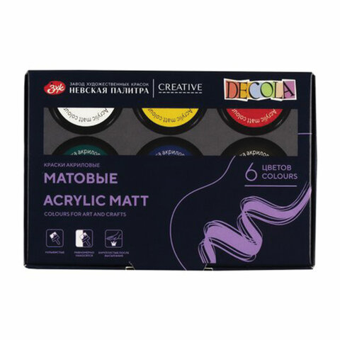 Краски акриловые матовые "Декола", 6 цветов по 20 мл, в банках, Невская Палитра, 143411020