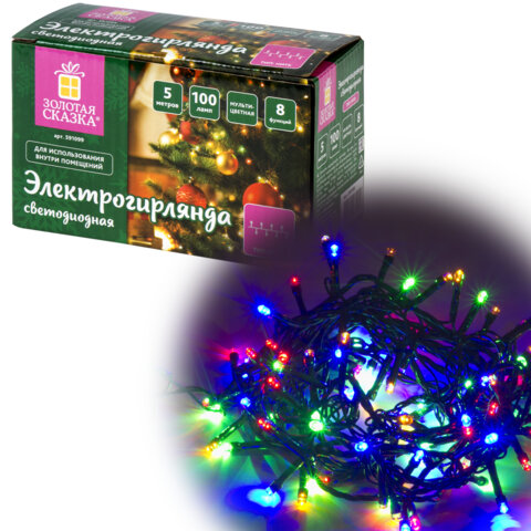 Электрогирлянда-нить комнатная "Стандарт" 5 м, 100 LED, мультицветная, 220 V, контроллер, ЗОЛОТАЯ СКАЗКА, 591099