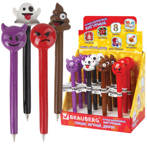 Ручка фигурная "СМАЙЛИКИ МИКС-2", СИНЯЯ, 4 дизайна ассорти, линия письма 0,5 мм, дисплей, BRAUBERG, 142772
