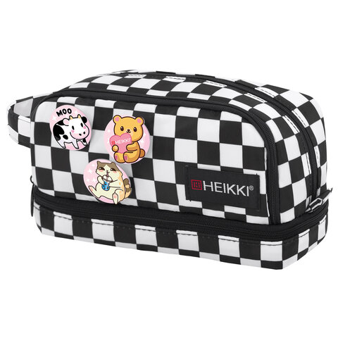 Пенал-органайзер HEIKKI (ХЕЙКИ) с ручкой, значки, 2 отделения, откидная планка, 22x13х10 см, "Black&White", 273601