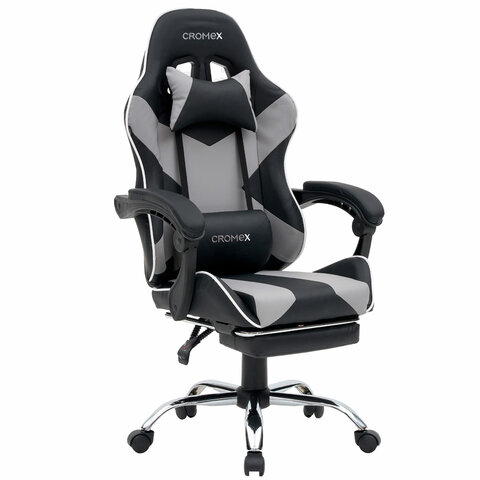 Кресло компьютерное CROMEX (КРОМЕКС) "Wave GM-145", вибромассаж, подножка, подушки, экокожа, черное/серое, 532956
