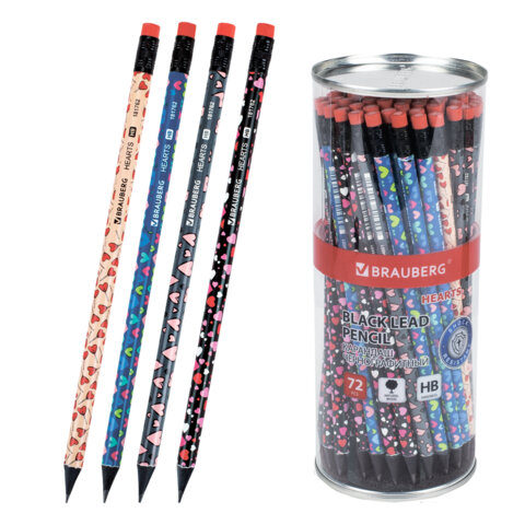 Карандаш чернографитный BRAUBERG "HEARTS", 1 шт., HB, с ластиком, корпус ассорти, 181762