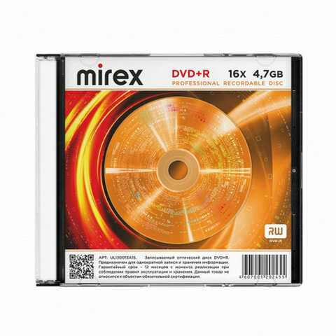 Диск DVD+R (плюс) MIREX, 4,7 ГБ, 16x, Slim Case, 1 штука, UL130013A1S
