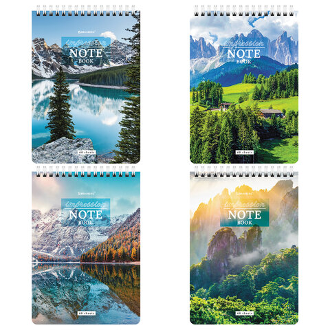 Блокнот А5, 146х206 мм, 60 л., гребень, картон, жесткая подложка, клетка, BRAUBERG, "Горные пейзажи", 114367