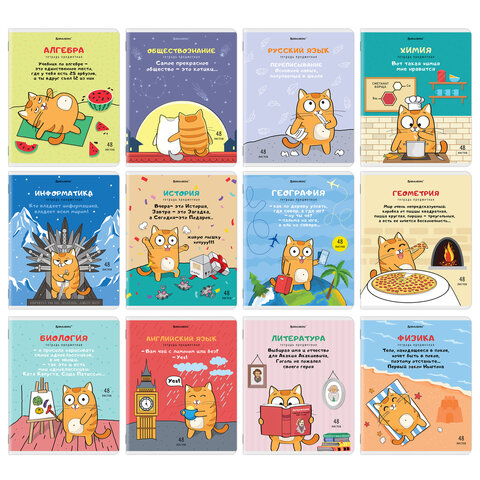 Тетради предметные, КОМПЛЕКТ 12 ПРЕДМЕТОВ, 48 л., TWIN-лак, BRAUBERG, "КОТ-ЭНТУЗИАСТ", 404609