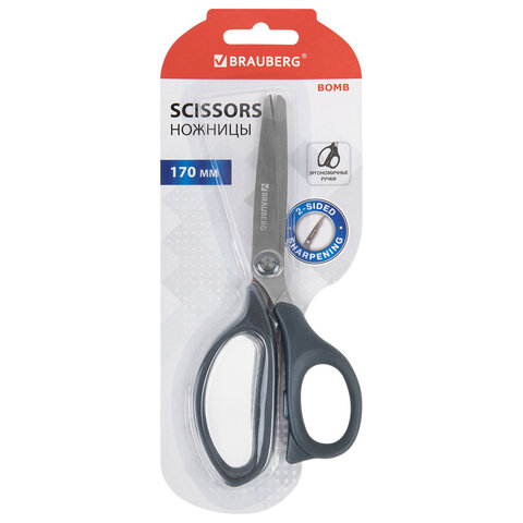 Ножницы BRAUBERG "BOMB", 170 мм, графитовый цвет, 2-сторонняя заточка, эргономичные, 238857