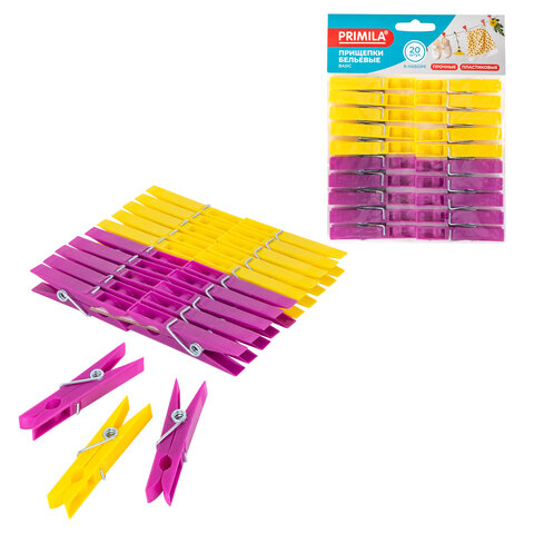 Прищепки бельевые 7 см, КОМПЛЕКТ 20 штук, пластик, ассорти, PRIMILA (ПРИМИЛА) BASIC, 700514