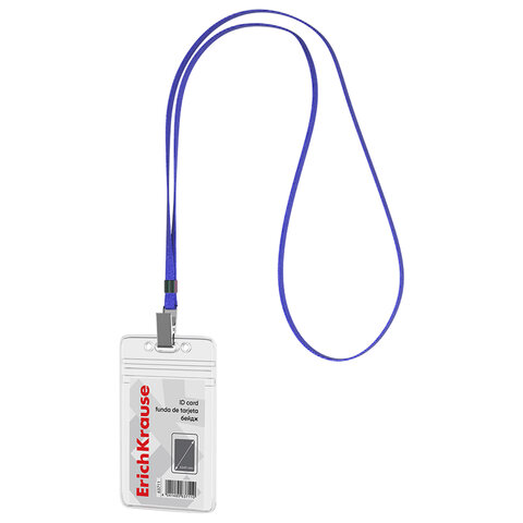 Бейдж вертикальный ERICH KRAUSE (62х91 мм), корпус прозрачный, цвет ленты синий, 63711