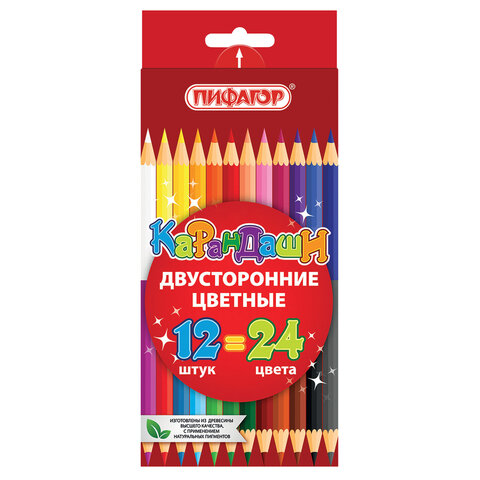 Карандаши двусторонние ПИФАГОР 12 штук, 24 цвета, шестигранные, грифель 3 мм, натуральное дерево, 180244