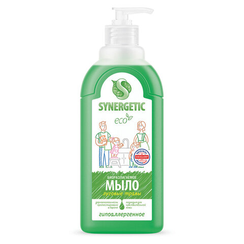 Мыло жидкое 500 мл SYNERGETIC "Луговые травы", гипоаллергенное, биоразлагаемое, дозатор, 105053