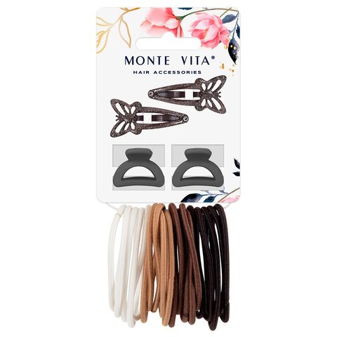 Набор для волос 24 шт.: 2 заколки 5 см, 2 краба 2,5 см, 20 резинок, MONTE VITA (МОНТЕ ВИТА), 457035