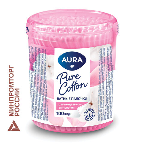 Ватные палочки КОМПЛЕКТ 100 шт., AURA, пластиковый стакан, 13143