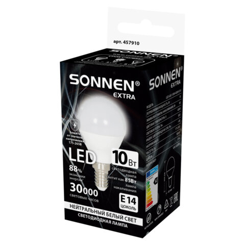 Лампа светодиодная SONNEN EXTRA,10 (85) Вт, E14, шар, нейтральный белый, 30000 ч, LED G45-10W-4000-Е14, 457910