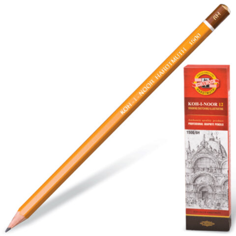 Карандаш чернографитный KOH-I-NOOR 1500, 1 шт., 6H, корпус желтый, заточенный, 150006H01170
