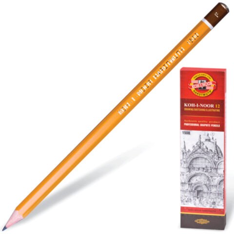 Карандаш чернографитный KOH-I-NOOR 1500, 1 шт., F, корпус желтый, заточенный, 150000F01170RU