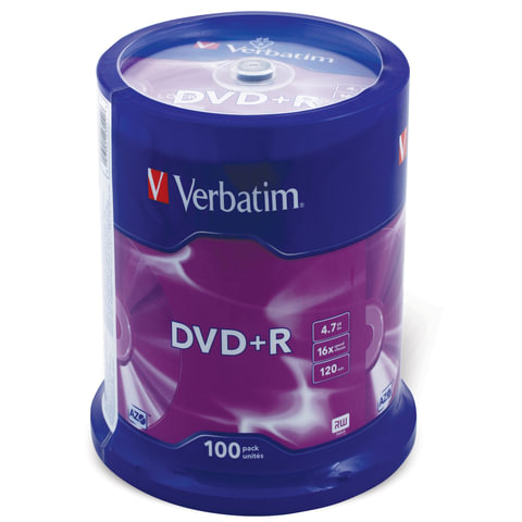 Диск DVD+R (плюс) VERBATIM 4,7 Gb 16x Cake Box (упаковка на шпиле), КОМПЛЕКТ 100 шт., 43551