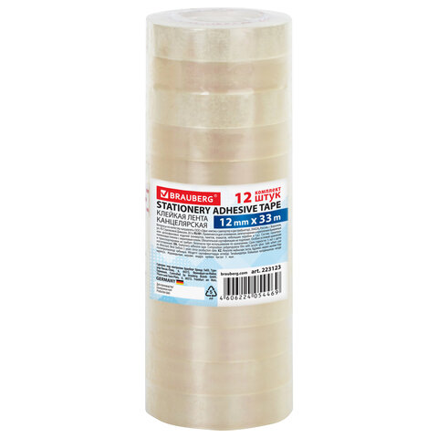 Клейкие ленты 12 мм х 33 м канцелярские BRAUBERG, комплект 12 шт., прозр., гарант. длина, 223123