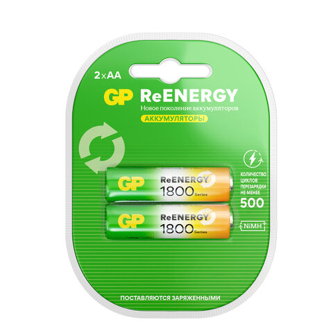 Батарейки аккумуляторные GP ReEnergy Ni-Mh пальчиковые КОМПЛЕКТ 2 шт., AA (HR6), 1800 mAh, 180AAHCRGY, 180AAHCRGY-2CRC