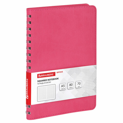 Бизнес-тетрадь на гребне А5 148x218 мм, BRAUBERG "Office PRO", под кожу, клетка, 80 л., розовая, 111042