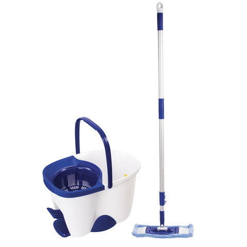 Швабра с отжимом и ведром 18л/8л, центрифуга, отжим педалью, 2 флаундера/насадки круглый и прямоугольный, бело-синий, LAIMA 603625