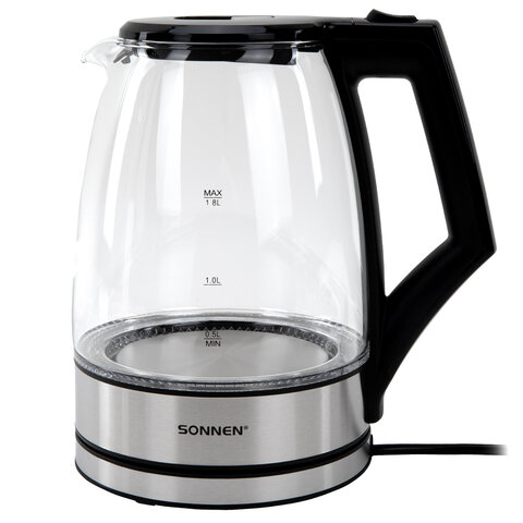 Чайник электрический SONNEN KT-1807, 1,8 л, 2200 Вт, термостойкое стекло, внутренняя подсветка синяя, нержавеющая сталь, 455140