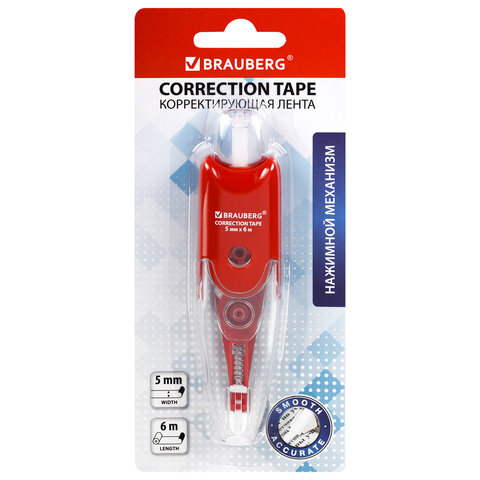Корректирующая лента BRAUBERG "Click", 5 мм х 6 м, корпус прозрачный, автоматическая, блистер, 272660