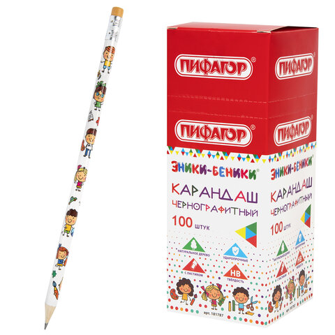 Карандаш чернографитный ПИФАГОР "ЭНИКИ-БЕНИКИ", 1 шт., HB, с ластиком, корпус ассорти, 181787