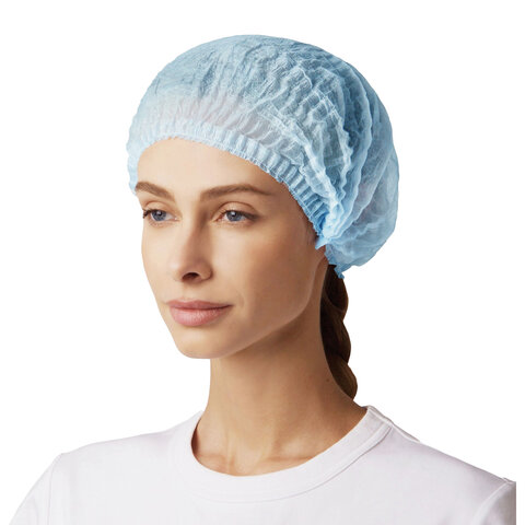 Шапочка голубая "Шарлотта" КОМПЛЕКТ 100 штук из нетканого материала SMS 10 г/м2, d=30 см, SMZ