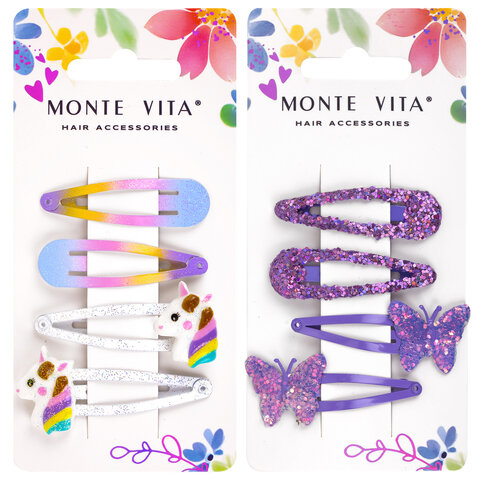 Заколки для волос НАБОР 4 шт., 5 см, клик-клак, с декоративными элементами, АССОРТИ, MONTE VITA (МОНТЕ ВИТА), 457090