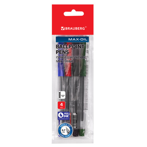 Ручки шариковые масляные BRAUBERG, НАБОР 4 шт., АССОРТИ, "Max-Oil", узел 0,7 мм, линия письма 0,35 мм, 142146