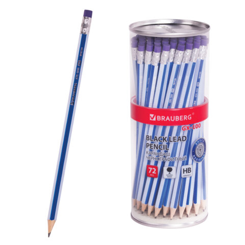 Карандаш чернографитный BRAUBERG "GX-100", 1 шт., HB, с ластиком, корпус синий, 181720