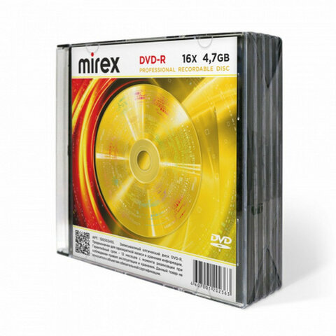 Диск DVD-R MIREX, 4,7 ГБ, 16x, Slim Case, КОМПЛЕКТ 5 шт., UL130003A1F