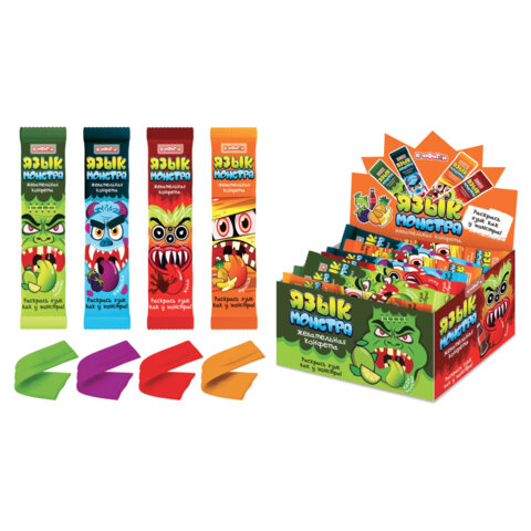 Жевательная конфета "ЯЗЫК МОНСТРА" ассорти 4 вкуса, 10 г, КОНФИТОЙ, КТ94734