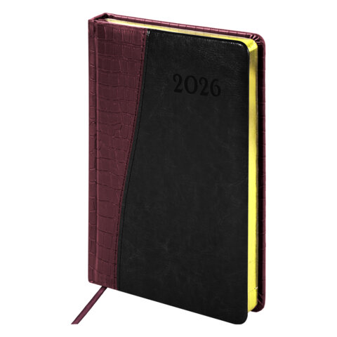 Ежедневник датированный 2026, А5, 138x213 мм, BRAUBERG "Cayman", под кожу, бордовый/черный, 117046