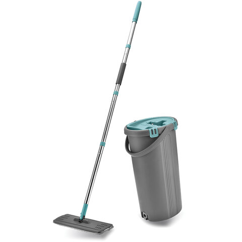 Швабра с отжимом и ведром 8л/7л двухкамерное, насадка из микрофибры карманы с 2-х сторон, серый, Light Mop, MILEY, 901-618