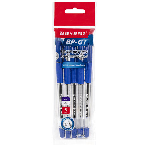 Ручки шариковые BRAUBERG BP-GT, НАБОР 5 ШТУК, СИНИЕ, пишущий узел 0,7 мм, линия письма 0,35 мм, 144509