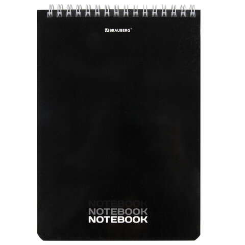 Блокнот А5, 146х206 мм, 60 л., гребень, картон, жесткая подложка, клетка, BRAUBERG, "Black", 114365