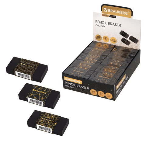 Ластик BRAUBERG "GOLDEN BLACK", 50х24х10 мм, прямоугольный, картонный держатель, экологичный ПВХ, ассорти, 272728