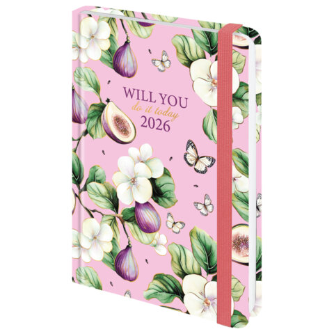 Ежедневник датированный 2026 с резинкой 145х203 мм, А5, BRAUBERG, твердый, фольга, "Инжир", 117337