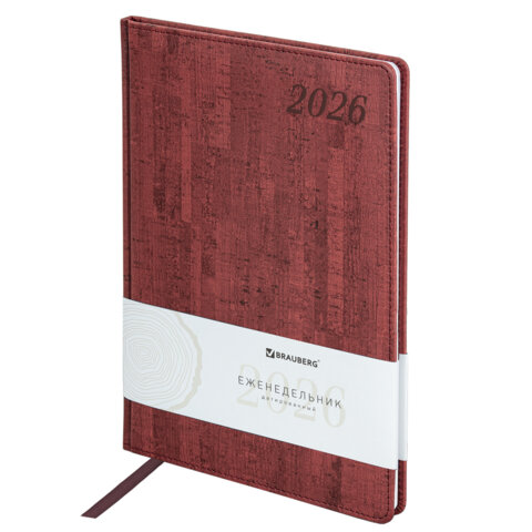 Еженедельник датированный 2026 БОЛЬШОЙ ФОРМАТ 210х297 мм, А4 BRAUBERG "Wood", под кожу, бордо, 117159