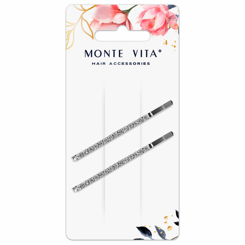 Невидимки для волос НАБОР 2 шт., 6 см, со стразами, серебристый, MONTE VITA (МОНТЕ ВИТА), 457098