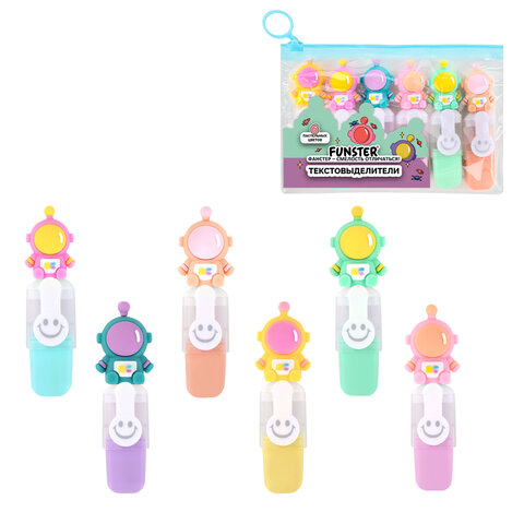 Набор текстовыделителей с топперами 6 ЦВЕТОВ ПАСТЕЛЬ, "КОСМО", линия 1-4 мм, FUNSTER (ФАНСТЕР), 152654