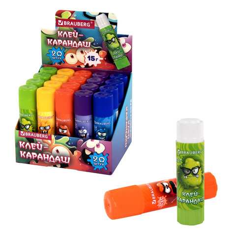 Клей-карандаш 15 г, кросс-серия МОНСТРИКИ, ассорти, BRAUBERG, 273237